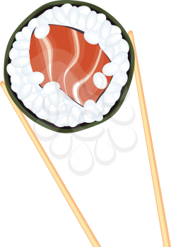 Japanese cousin, tasty sushi between wooden chopsticks.