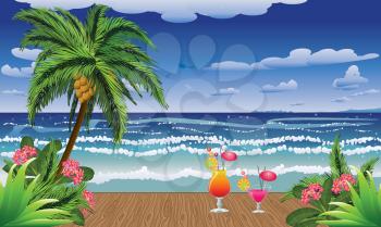 Two cocktails on wooden planks in front of tropical sea background.