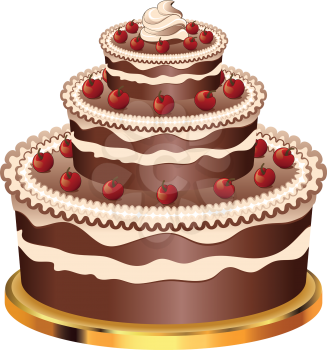 Delicious chocolate cake with decorations for holidays on white background.