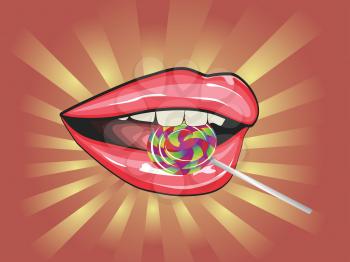 Illustration of lips and colorful striped lollipop background.