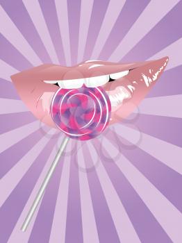 Illustration of lips and striped lollipop background.