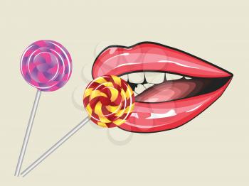 Illustration of lips and two striped lollipops background.