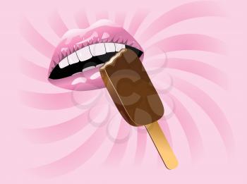 Illustration of open mouth is eating ice cream.