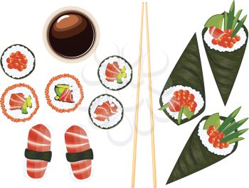 Delicious Japanese sea food, sushi set on white background.