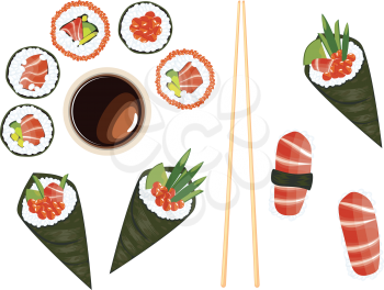 Delicious Japanese sea food, sushi set on white background.
