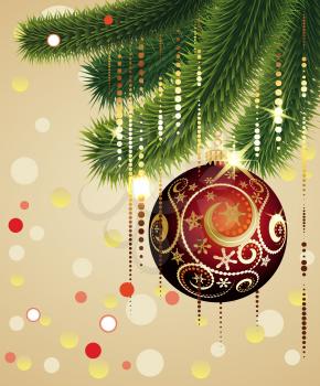 Christmas greeting card with decorative red ball and green branches.
