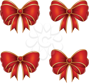 Set of red and gold gift bows on white background.