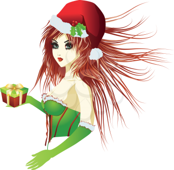 Beautiful santa girl in green corset with small gift box.