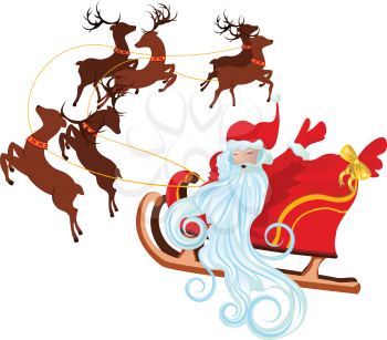 Cartoon Santa Claus on red sleigh and reindeers.