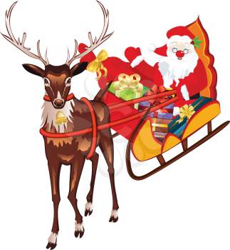 Cartoon Santa Claus on red sleigh and reindeers.