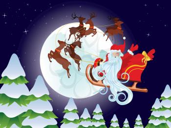 Cartoon Santa Claus riding his sleigh at the Christmas night.