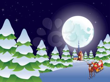 Cartoon Santa Claus riding his sleigh at the Christmas night.