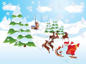 Cartoon Santa Claus rides reindeer sleigh, winter landscape.
