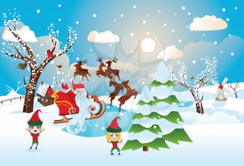 Cartoon Santa Claus rides reindeer sleigh, winter river landscape.