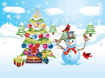 Happy snowman with decorated Christmas tree, snowy winter scene.
