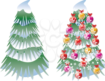 Two snowy Christmas tree with decoration and without.