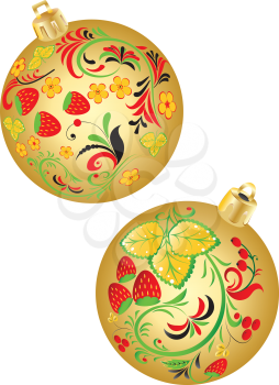 Folk floral ornaments with strawberry on Christmas balls illustration.