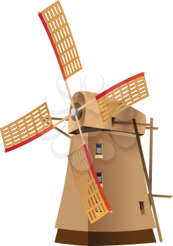 Cartoon traditional wooden windmill on white background.
