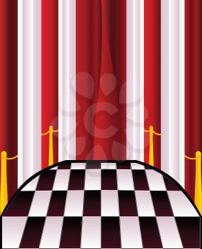 Abstract interior with red curtains, chess floor and columns.