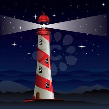 Cartoon landscape with lighthouse, night sea and starry sky.