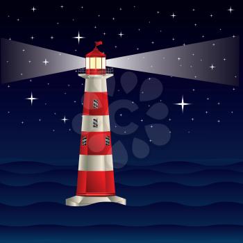 Cartoon landscape with lighthouse, night sea and starry sky.