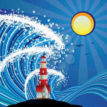 Blue stylized sea with big waves and lighthouse.