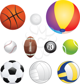 Different sport balls set on white background.