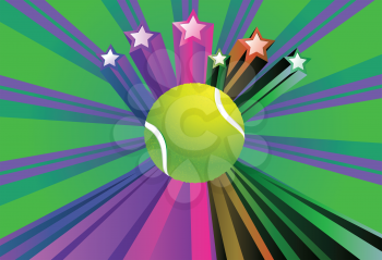 Colorful background with rays and tennis ball over it.