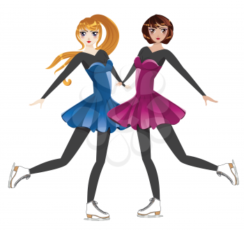 Female figure skaters, blonde in blue dress and brunette in pink one.