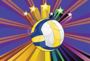 Colorful background with rays and volleyball ball over it.