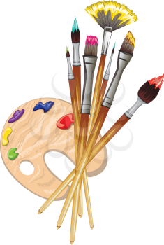 Artist brushes and wood palette with colorful paints.