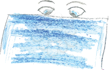 Grunge sketch of eyes looking at blue banner, hand drawn illustration.