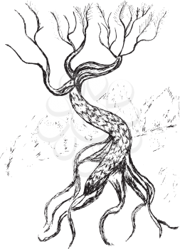 Grunge sketch of a stylized dead tree, hand drawn illustration.