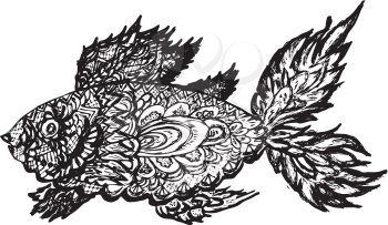Ornamental graphic fish sketch, abstract zentangle patterns.