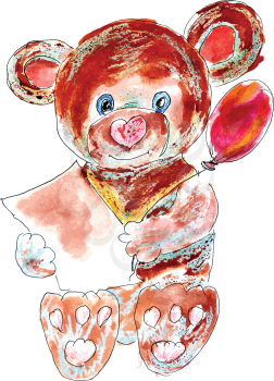 Cute toy teddy bear watercolor drawing illustration.