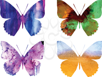 Various grunge watercolor butterflies collection on white background.