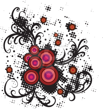 Abstract floral ornament with colorful circles and halftone pattern on white background.