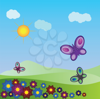 Illustration of summer meadow with flowers and butterflies background.