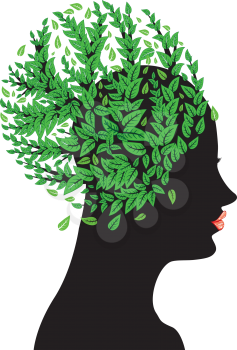 Illustration of a spring girl's head with green leaves on white background.