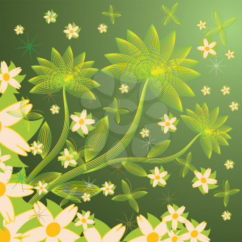 Floral illustration with flowers on green background.