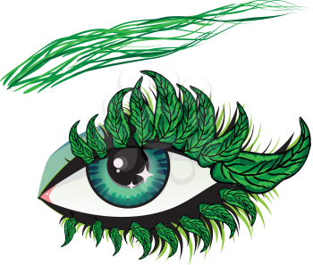 Female eye with green leaves lashes and grassy eyebrows.