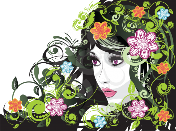 Fashion summer girl, female portrait with decorative floral ornament.