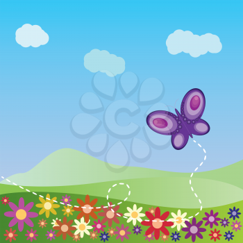 Illustration of summer landscape with flowers and butterfly background.