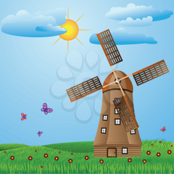 Green meadow with old windmill, clouds, flowers and butterflies.