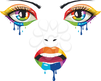 Female face with colorful eyes and lips with melting paint.