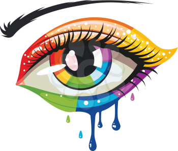 Female eye in rainbow colors, melting paint makeup.