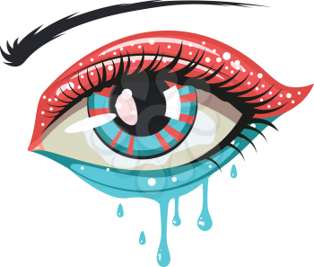 Female eye in red and blue colors, melting paint makeup.