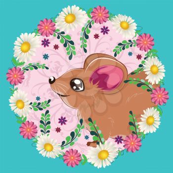 Cute cartoon brown mouse or rat with colorful flowers and leaves.