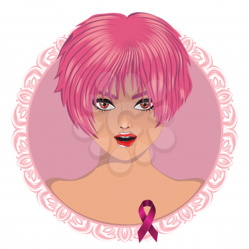Woman with short pink hair and pink awareness ribbon design.