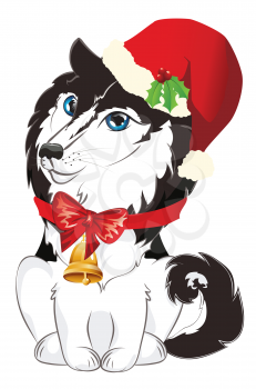Cartoon siberian husky with santa hat, cute Christmas dog.